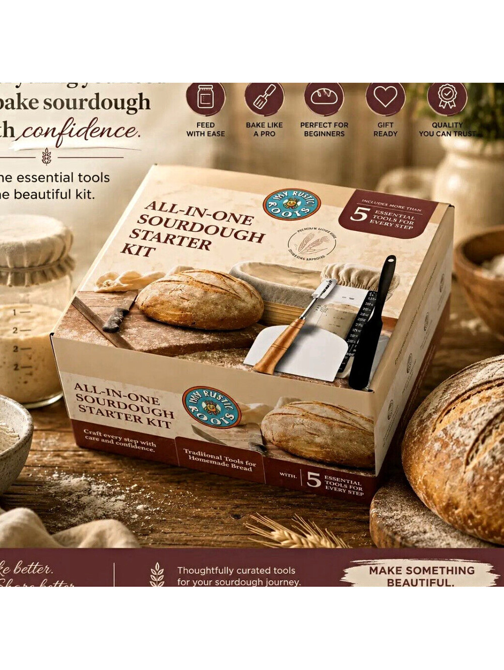 All-In-One Sourdough Starter Kit 5pc Glass Wood Food-Safe